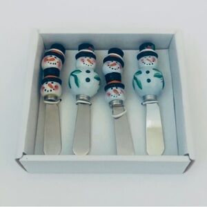 Set Of 4 Christmas Snowman Cheese Spreaders Ceramic Handles Stainless Blades